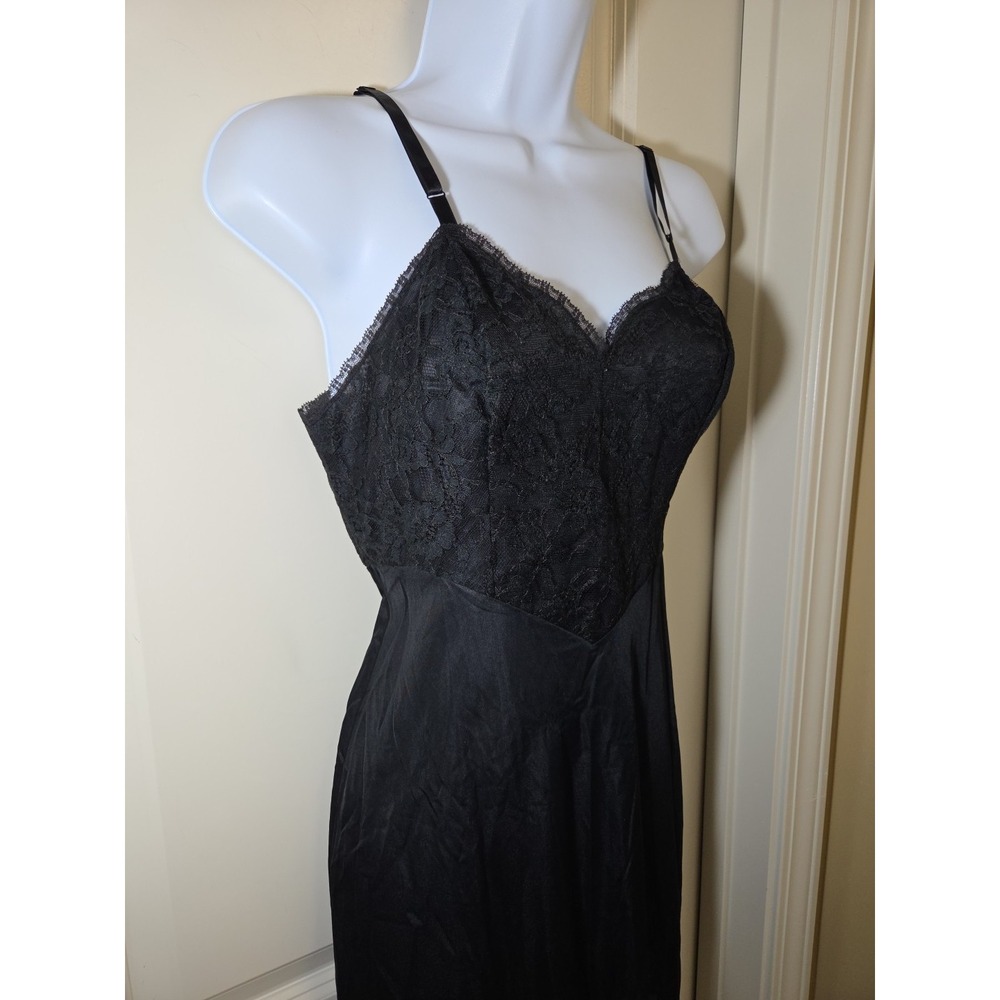 Vtg 1960s Vanity Fair Tricot Nylon‎ Lace Bodice Black Slip Dress Size 32 Short - Picture 4 of 11